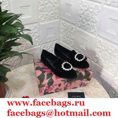 Dolce  &  Gabbana Velvet Crystals Loafers Slippers Black 2021
